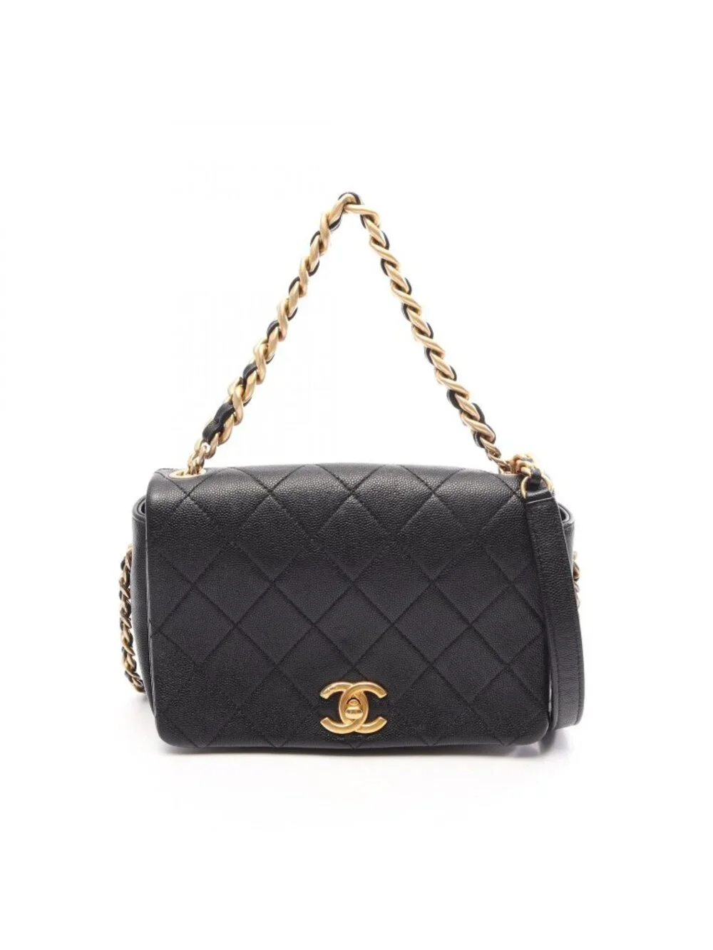 Chanel Shoulder Bag Quilted Full Flap 2-Way Black Caviar Leather Mini Chain